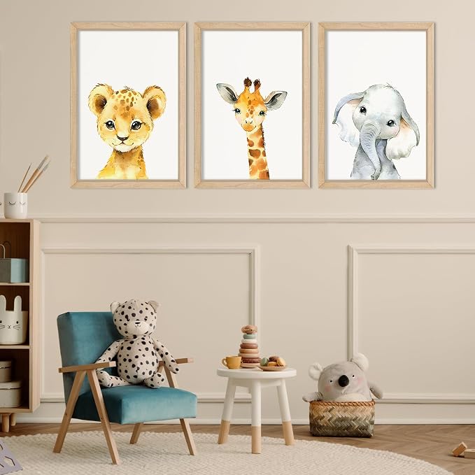 Nursery Decor Safari Baby Animal Giraffe Elephant Lion 3Pc 11x16 Wood Frame | Cute Prints Sign Wall Art for Children's Room