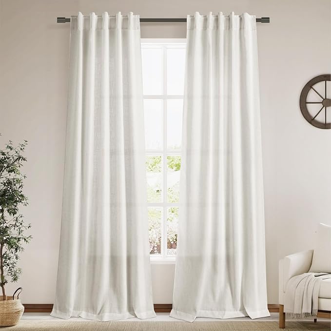 Cream Linen Curtains Back Tab Sheer Curtains 90 Inches Long for Living Room 2 Panels Rod Pocket Neutral Semi Sheer Light Filtering Pleated Curtain Drapes Ivory Farmhouse Dining Room Curtain 40x90