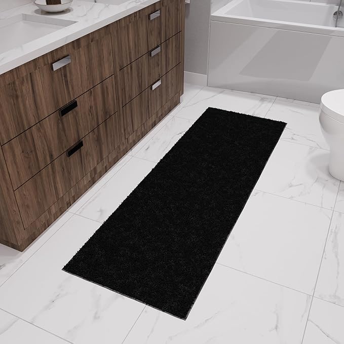 Ottomanson Bedroom Shag Runner Rug 3' x 6', Fluffy Bedside Runner with Non-Slip Rubber Backing, Soft Non-Shedding Accent Rug for Nursery, Dorm, Entryway, Black