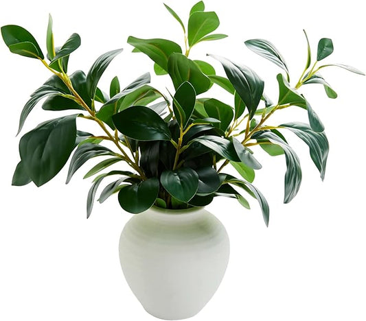 16'' Artificial Ficus Branches with Ceramic Vase Real Looking Faux Greenery Arrangement with Broad Leaves Fake Plant Decor for Coffee Table Entryway Mantel Modern Home