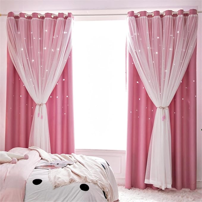 Cute Star Blackout Curtains for Girls Bedroom, Princess Curtains, W52X L72 | 2 Panels Pink Thick Grommet Top Star Cutout Curtains, Double Layer Nursery Kids Curtains, Aesthetic Living Room Decor