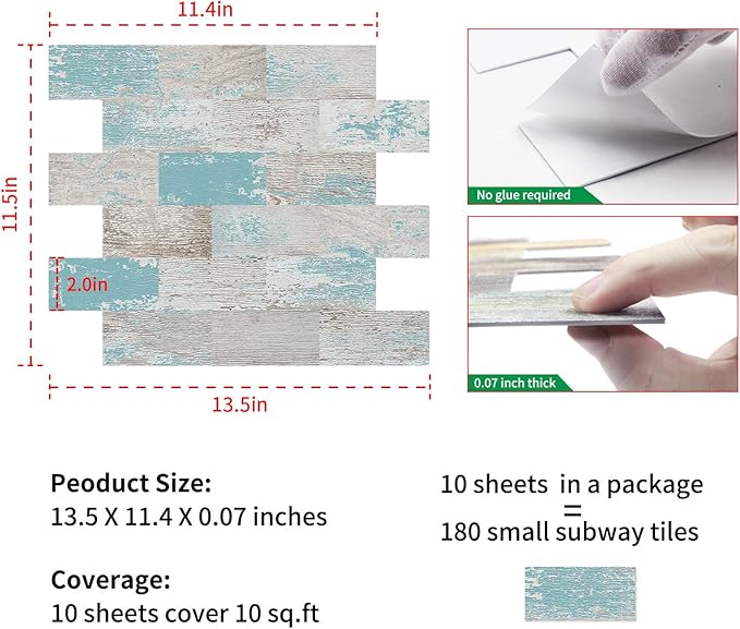 DEWOO Peel and Stick Wall Tile Backsplash PVC Self Adhesive Tiles for Kitchen Bathroom Turquoise Teal (10-Sheet, 13.5" x 11.4")