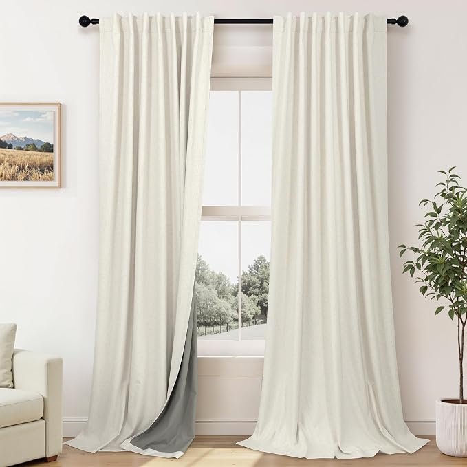 Pitalk Extra Wide Curtains 60 Inches Wide for Living Room 84 Inch Length 2 Panels Thick Back Tab Pleated Cream Linen Blackout Dark Out Sliding Door Window Curtains Thermal Privacy Drapes 60x84 Long
