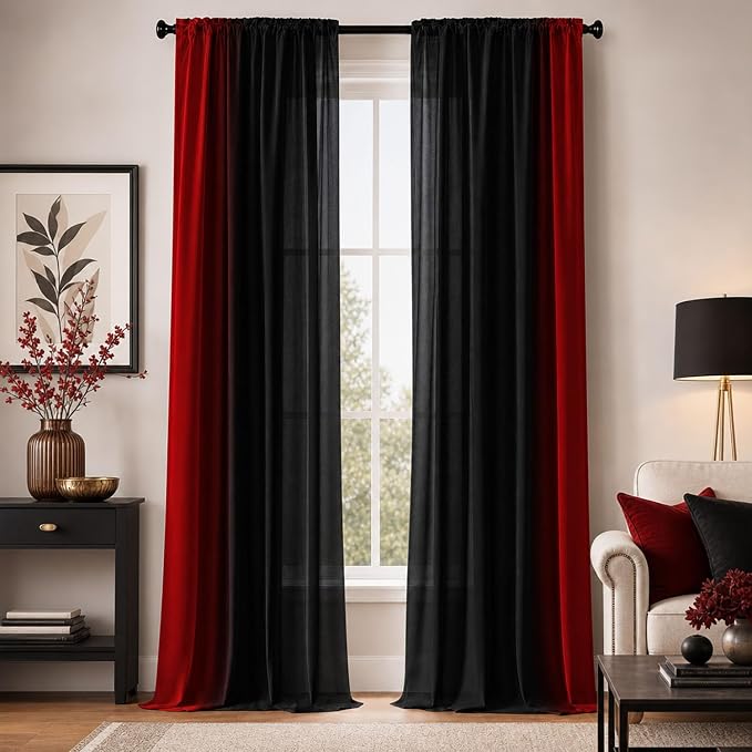 Abstract Ombre Curtains 84 inches Length for Living Room,Red and Black Light Filtering Window Curtain Rod Pocket Gradient Vintage Window Drapes for Bedroom Red Curtains,2 Panels,52 inches Wide