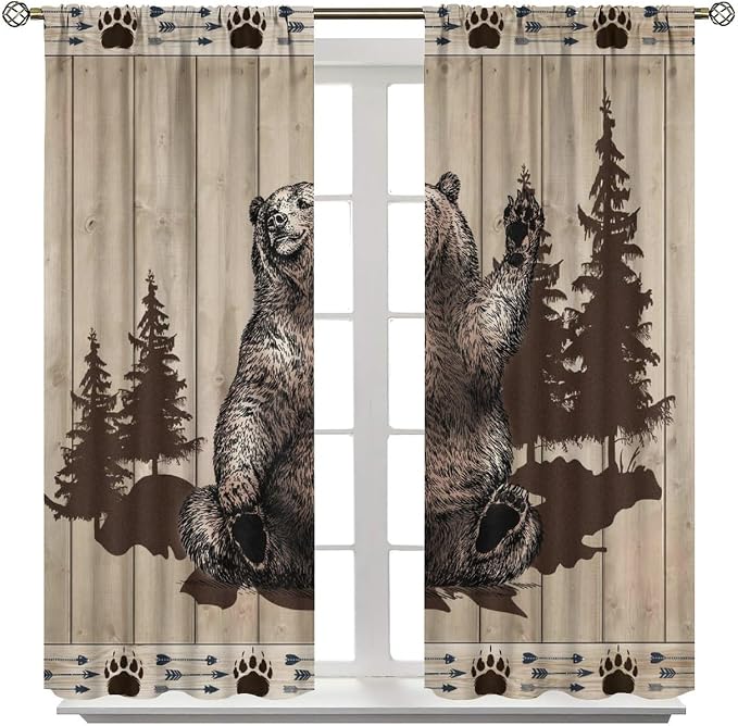Bear Hunting Curtains Country Farmhouse Vintage Hunting Lodge Wildlife Funny Bear Wildlife Windows Treatments Rod Pocket for Kitchen Living Room Bedroom 42x45in（No Blackout）