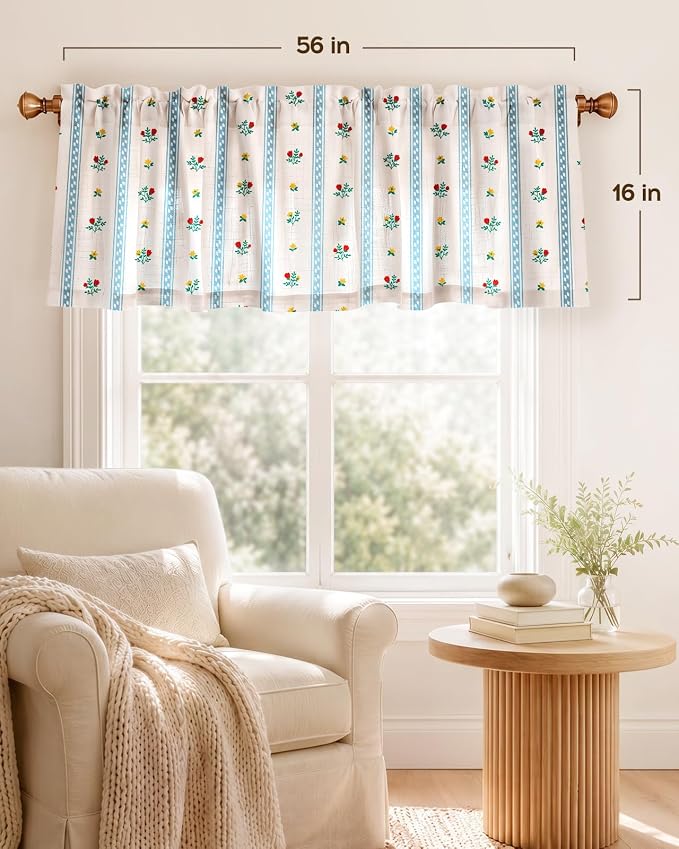 Miss Adola Valance Curtain for Windows - 16 Inch Linen Blend Farmhouse Floral Valance for Kitchen Living Room Bedroom Bathroom Boho Blue Striped Short Curtain with Rod Pocket, 1 Panel