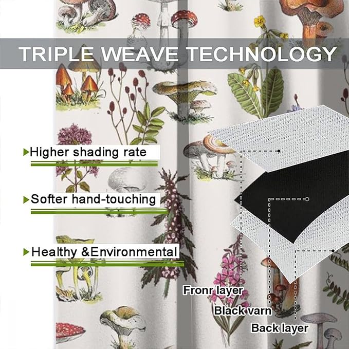 Vintage Botanical Curtains, Rustic Plants Herbs Mushroom Nature Wildflower Print Blackout Window Treatments for Living Room Bedroom Kitchen 55x63in