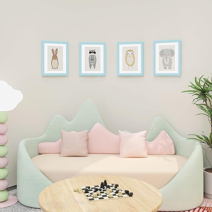 KINLINK 8.5x11 Kids Art Frame 2 Pack, Solid Wood Artwork Frames Changeable, Front Opening Hold 150 Pictures, Art Frames for Kids Artwork, 6x9 with Mat 8.5x11 without Mat, Picture Frames Light Blue
