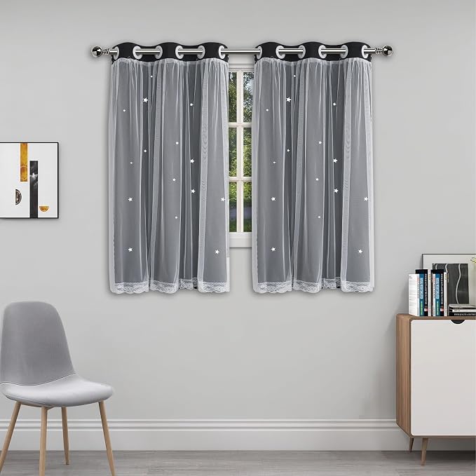 Black Curtains for Bedroom Cute Blackout Curtains 54 Inches Long 2 Panels Star Cutout Double Layer Nursery Curtains & Drapes with Tulle Kids Room Short Window Treatments 54 Inch Length