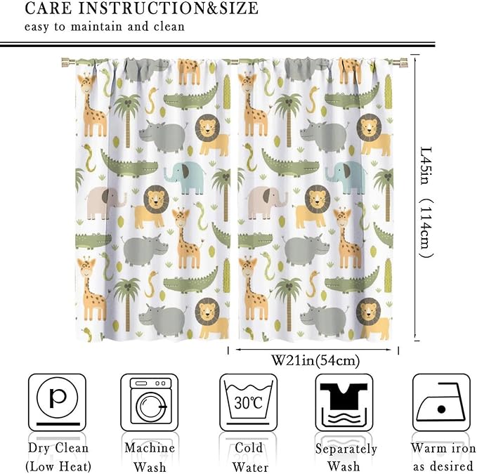 Nursery Safari Animals Curtains, Baby Boy Girl Kids Woodland Jungle Forest Lion Elephant Printed Curtains for Living Room Bedroom Window Drapes 2 Panel Sets42x45 Inch