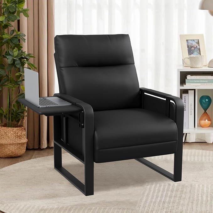 Black Accent Chair PU Leather Upholstered Armchair with Side Table | Modern Ergonomic Accent Chair for Living Room Bedroom Reading Chair with Side Pocket Corner Chair Office Reception Side Chair