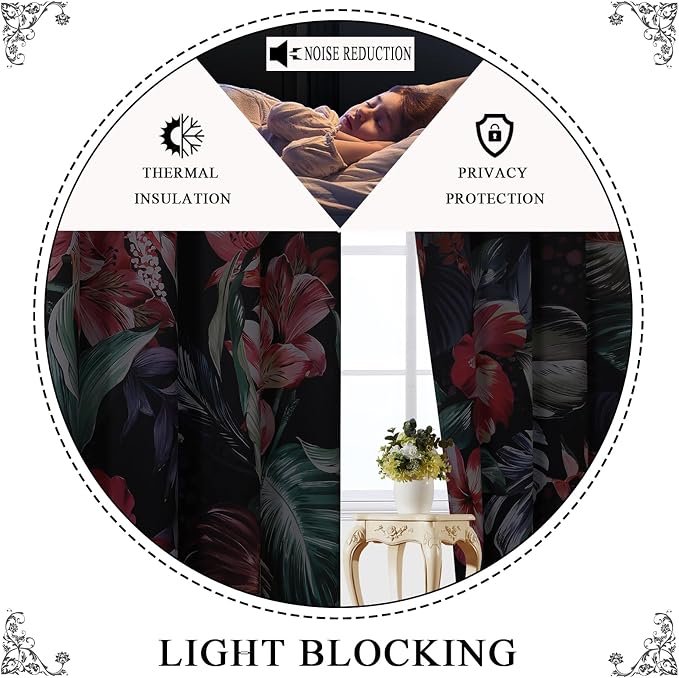 Estelar Textiler Boho Floral Blackout Curtains for Living Room 63 inch Long 2 Panels,Watercolor Leaf and Flower Print Thermal Insulated Room Darkening Drapes for Bedroooom,52x63 Inch