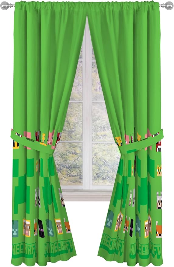 Sunny Side Up Window Curtains for Kids Bedroom 4-Piece Drape Set with 2 Tiebacks, Green - Minecraft, 42" W x 84" L (Pack of 2)