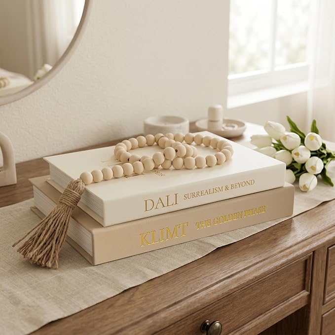 3-Piece Decorative Books for Home Decor with Wood Bead Garland - Stackable Linen Faux Book Box for Coffee Table Styling, Real Fabric Cover Fake Books with Tassel as Display Riser for Shelf