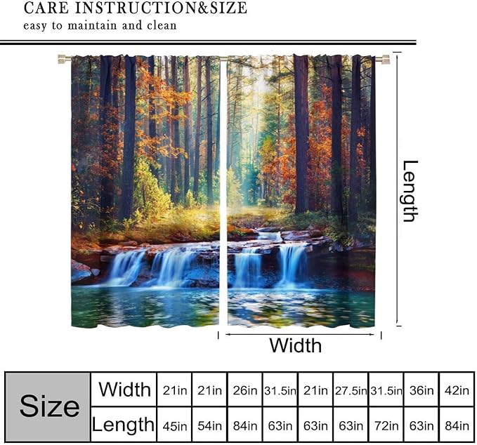 Natural Forest Blackout Curtains for Kitchen,Vintage Rustic Primitive Maple Forest Waterfall River Landscape Window Drapes Print for Boys Girls Bedroom Living Room 42x63in