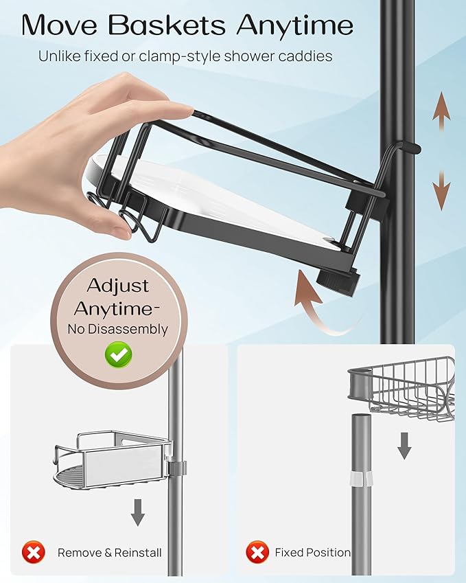 ALLZONE Corner Shower Caddy Tension Pole, 4 Hang-On Basket with Mixed-Height Shelves for Various Bottle Sizes, Extra Hooks & Soap Holder, Rustproof Stainless Steel, Fits 34–116 Inch, Black/White