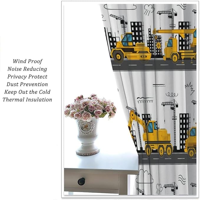 Construction Truck Blackout Curtain,for Kids Boys Girls Room Cartoon Tractor Excavator Yellow Cars Curtains Living Room Kitchen Cafe Bedroom Office Nursery Drapes,52x96 in