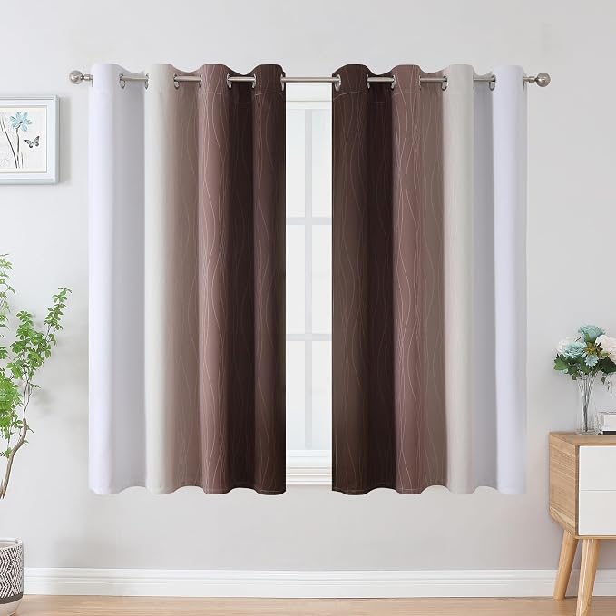 Estelar Textiler Brown and Greyish White Blackout Curtains 45 Inch Length, Full Light Blocking Gradient Drapes for Bedroom, Thermal Insulated Grommet Ombre Curtains for Bathroom,52Wx45L,2 Panels