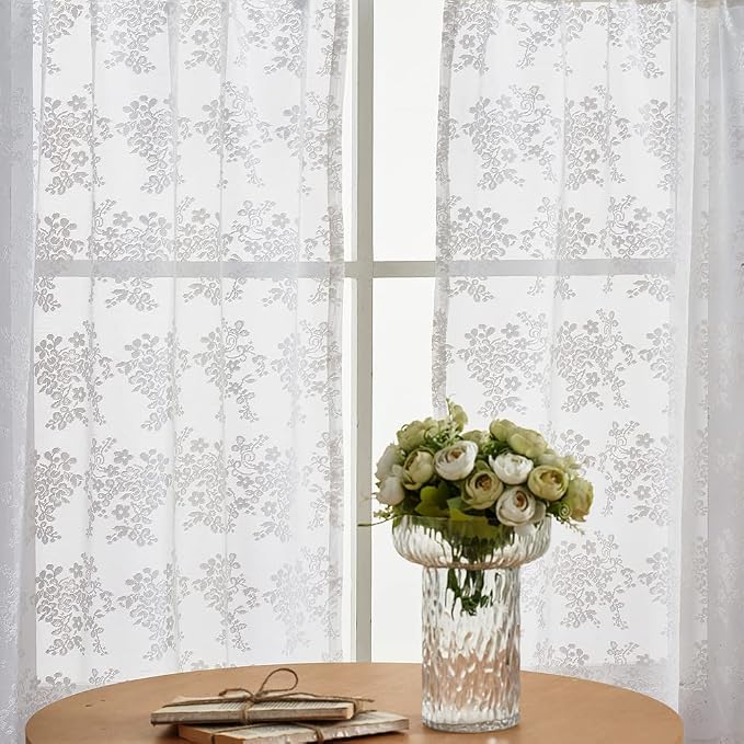 YJ YANJUN Vintage Lace Curtains 36 inch Length Country White Cafe Kitchen Sheer Short Curtain Panels for Bathroom - 2 Panels 26 x 36 Inch Light Filtering