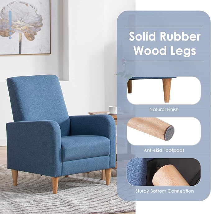 COLAMY Mid-Century Modern Accent Chairs Set of 2, Fabric Upholstered Living Room Chairs with Back Pillow & Solid Wood Legs, Comfy Armchair for Living Room, Bedroom, Single Sofa, Blue