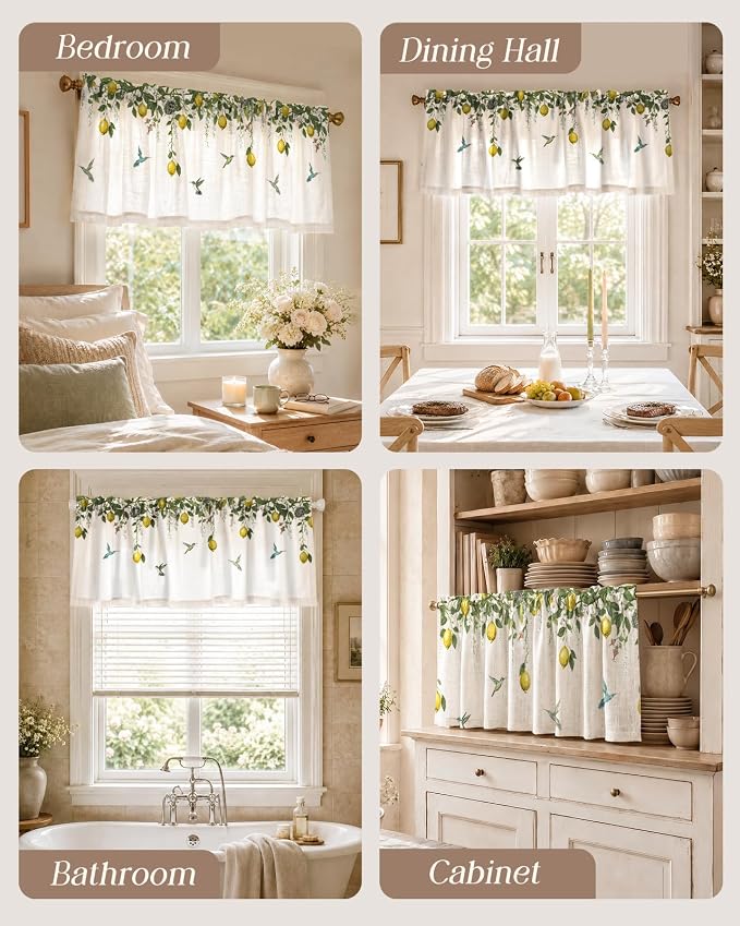 Miss Adola Valance Curtain for Windows - 16 Inch Linen Blend Farmhouse Lemon Bird Valance for Kitchen Living Room Bedroom Bathroom Vintage Country Short Curtain with Rod Pocket, 1 Panel