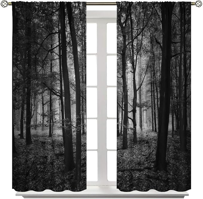 Forest Blackout Curtains,Gothic Natural Scenery Fantasy Dark Black Misty Foggy Mysterious Forest Woodland Tree Art Printed Windows Treatments Rod Pocket Drapes For Living Room Bedroom Kitchen 42x54in