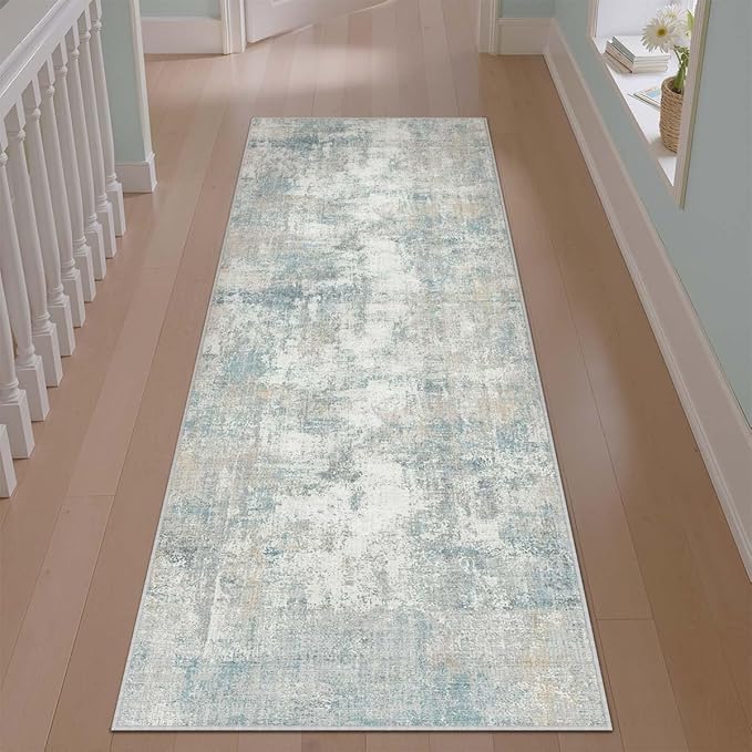 2x6 Washable Runner Rug Blue Cream Abstract Non Slip Soft Low Pile Hallway Kitchen Rug Neutral Modern Carpet for Laundry Bathroom Bedroom Living Room Home Decor