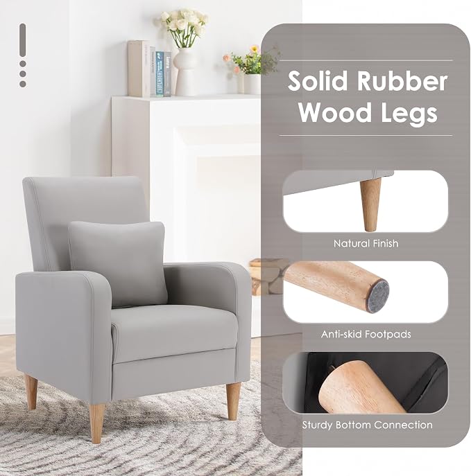 COLAMY Mid-Century Modern Accent Chairs Set of 2, Faux Leather Upholstered Living Room Chairs with Back Pillow & Solid Wood Legs, Comfy Armchair for Living Room, Bedroom, Single Sofa, Light Grey