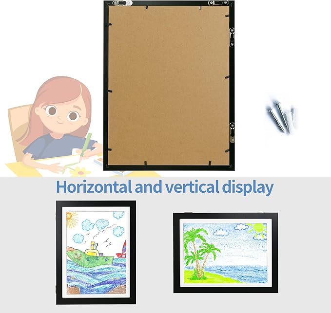 iRahmen Kids Art Frames 8.5x11 - Front Opening Childrens Picture Frame Changeable, Wood Artwork Display Storage for Wall Mount, Magnetic Door Holds 50 Art Pieces for Drawings, 3D Picture, Crafts, Portfolio, Black