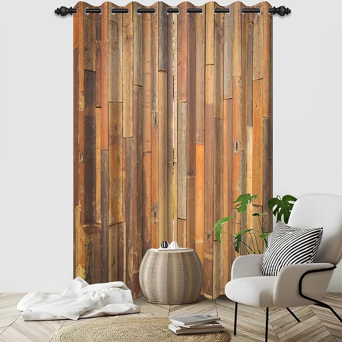 Wooden Curtains Vertical Planks Wooden Window Curtains Rustic Wooden Barn Door Grain Cottage Hardwood Garage Door Bedroom Living Room Window Drapes Decor with Grommets,26x84 inch,2 Panels