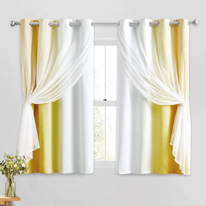 Ombre 100% Blackout Curtains 54 Inches Long 2 Panels for Bedroom Living Room Yellow and White Double Layer Sheer Overlay Mix & Match Grommet Thermal Soundproof Drapes with Tiebacks, 52x54