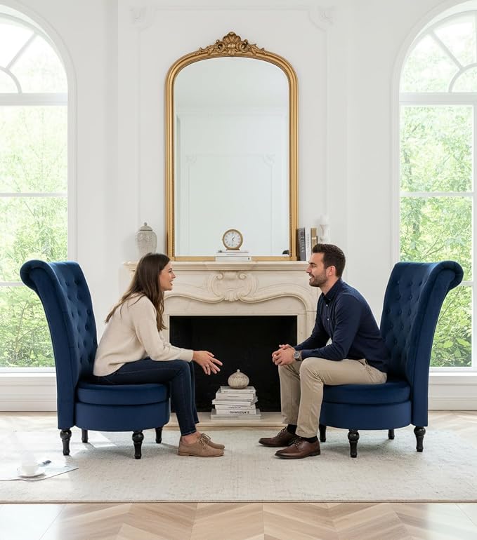 Container Furniture Direct Royal High-Back Velvet Accent Chair for Vanity with Storage and Luxurious Upholstery, Retro Design and Versatile Usage for Living Room, Bedroom, Lounge and Office, Dark Blue