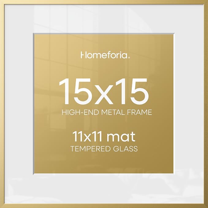 Homeforia 15x15 Picture Frame Gold, High End Metal 15 x 15 Square Poster Frame with Mat 11 x 11 Photo, 15x15 Frame Matted to 11x11 Print, 15by15 Gold Hanging Frames, Tempered Glass, Wall Kit, Set of 2