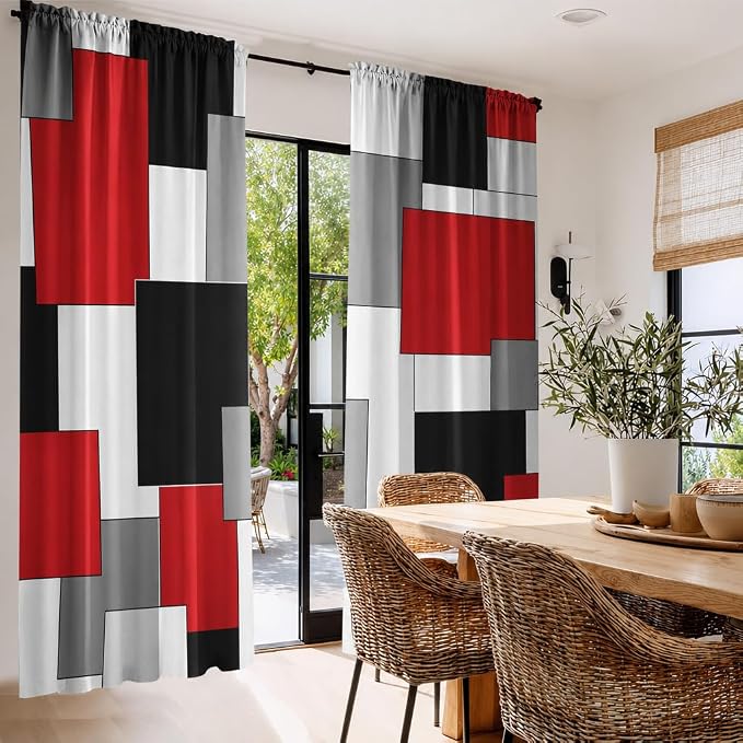 Black and Red Curtains for Living Room 52W x 84L Inch Length Geometry Curtains Modern White Grey Abstract Rod Pocket Curtain for Bedroom Kitchen Room Window Drapes 2 Panels