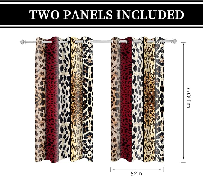 Wild Animal Print Curtain, Room Darkening Thermal Insulated Blackout Leopard Boa Window Drapes with Grommets for Living, Dining, Bedroom, Red Leopard Print, 52"x 60", 2 Panels