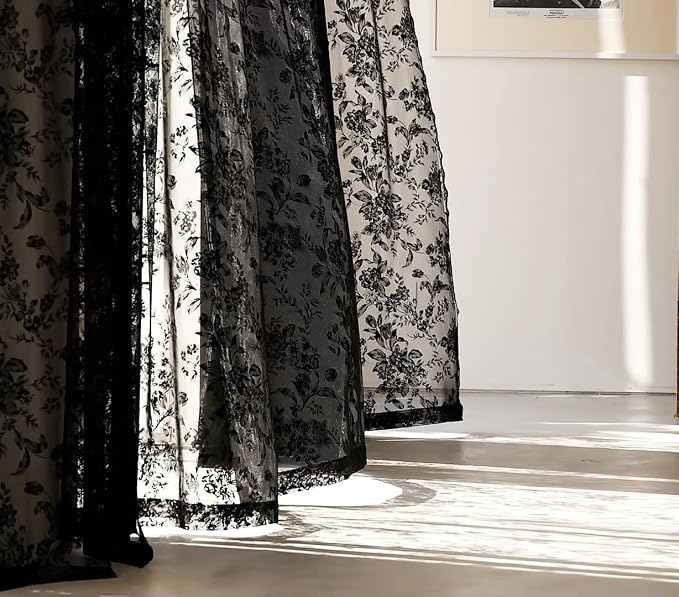 Black Floral Lace Curtains for Bedroom Living Room, 95" Length Long Vintage Delicate Rose and Leaf Embroidered Sheer Curtains, French Light Filtering Floral Window Drapes 52"w 2pcs Rod Pocket