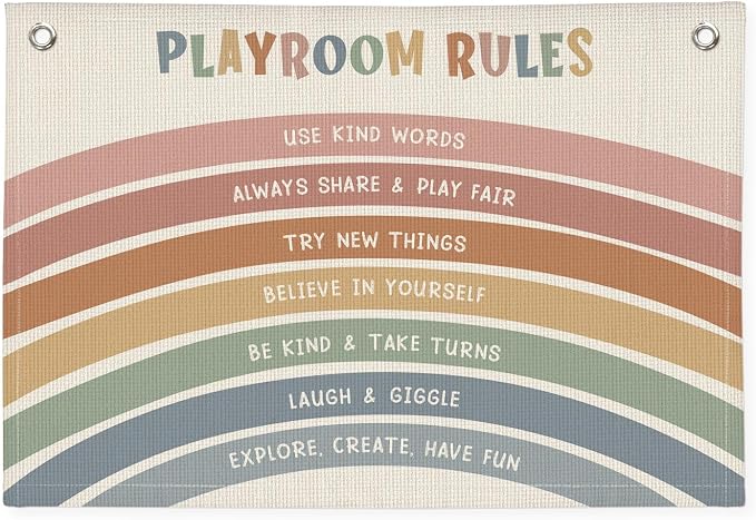 Playroom Rules Banner, Boho Rainbow Linen Canvas Banner Wall Hanging Flag Decor for Nursery Classroom Kids Room 30x20 Inch
