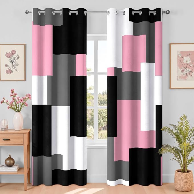 Tyrot Pink 100% Blackout Curtains for Bedroom 108 inch Extra Long 2 Panels Set Black White Grey Modern Abstract Geometric Black Out Curtains Room Darkening Window Drapes for Living Room, 52Wx108L