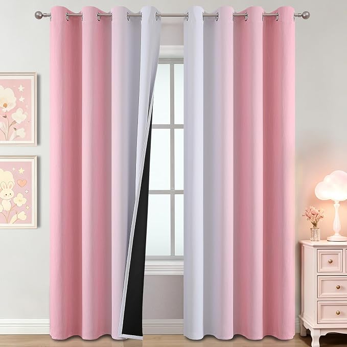 Estelar Textiler Pink and Greyish White Ombre Blackout Curtains 84 Inch Long for Kids Bedroom, Room Darkening Thermal Insulated Grommet Gradient Window Drapes for Living Room/Nursery, 52Wx84L,2 Panels