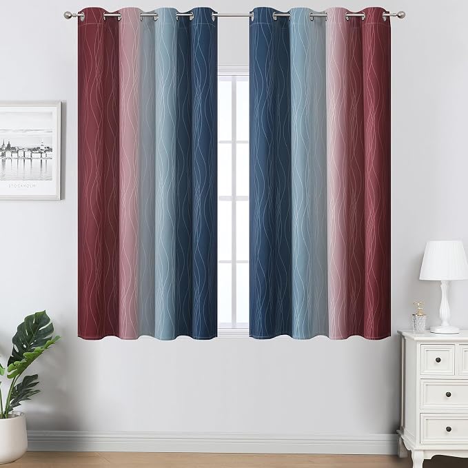 Estelar Textiler Navy Blue and Burgundy Red Ombre Blackout Curtains 45 Inches Long, Room Darkening Gradient Drapes for Bedroom, Thermal Insulated Grommet Curtains for Short Window,52Wx45L,2 Panels