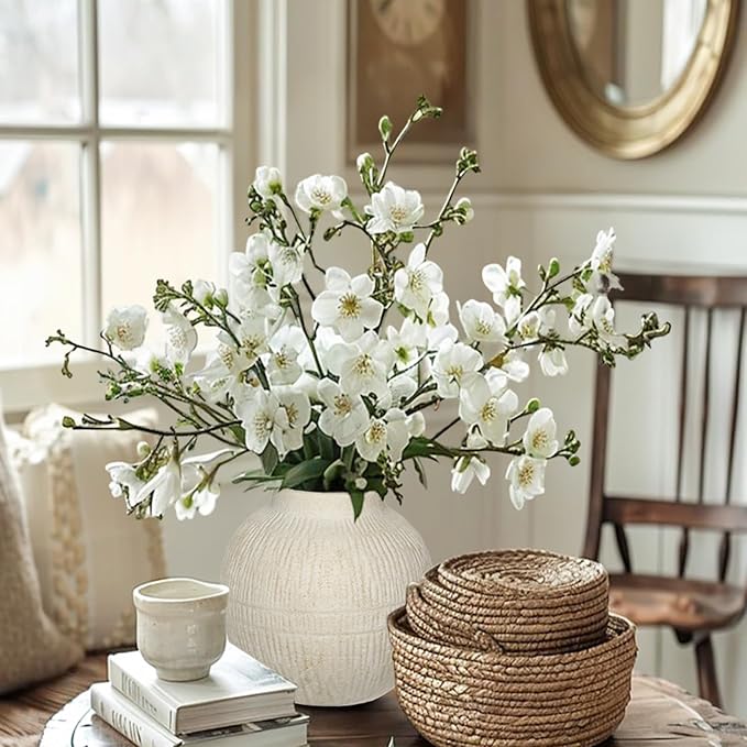 7" Short Round Clay Vase with Vertical Engravings Texture, Sand-Grain Tactile, Wide Ceramic Vase for Cafe Centerpiece Decor, Bohemian Style, Small & Beige White