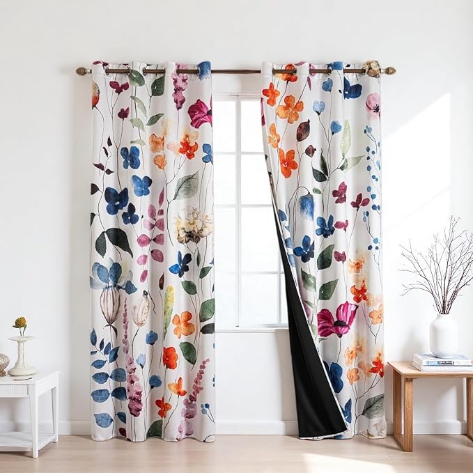 Floral 100% Blackout Curtains 96 inch long 2 Panels Set Rustic Vintage Flowers Botanical Leaf Pattern Black Out Curtains Thermal Insulated Darkening Window Drapes for Bedroom Living Room 52 x 96 inch