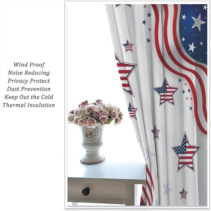 American Flag Curtains,4th of July Independence Day Stars Stripes Decor Drape for Bedroom Living Room Window Treatment 2 Panels Set Total Size 42" W X 45" L Inch
