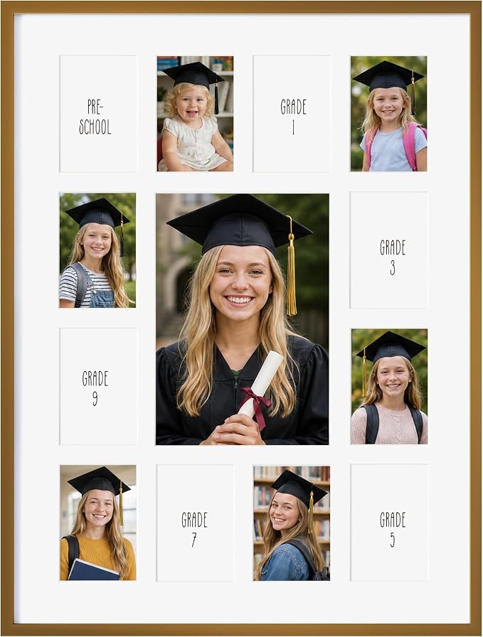 12x16 School Picture Frame K-12, Collage Frame for School Years, Bronze | Warm Bronze K-12 Frame with 13 Openings: One 5x7 & Twelve 2.5x3.5 for Pre-K to 12th Grade | Wall Kit Included