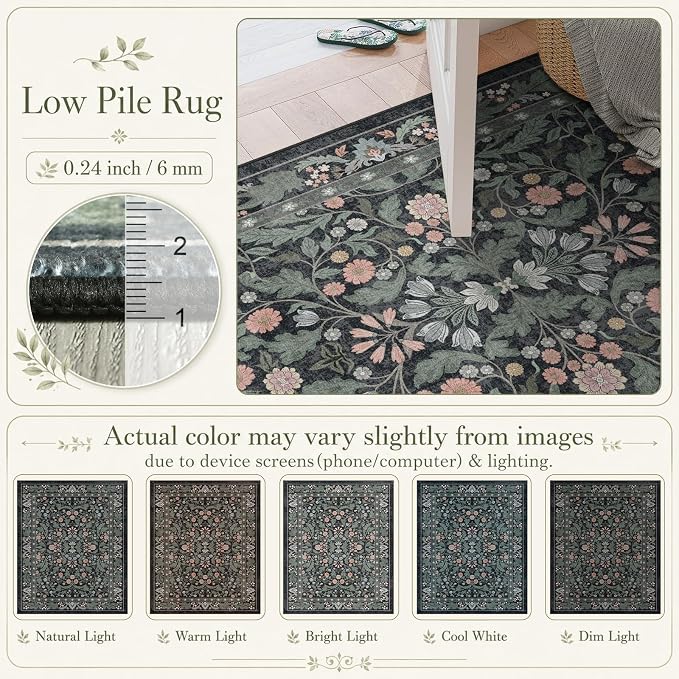 Floral Indoor Entrance 3x5 Area Rug, Washable Vintage Boho Entryway Rugs, Low Pile Non Slip Soft Carpet for Kitchen, Bedroom Beside, Laundry Room, Office Rug, Kids Room, Nursery Room，Black Green