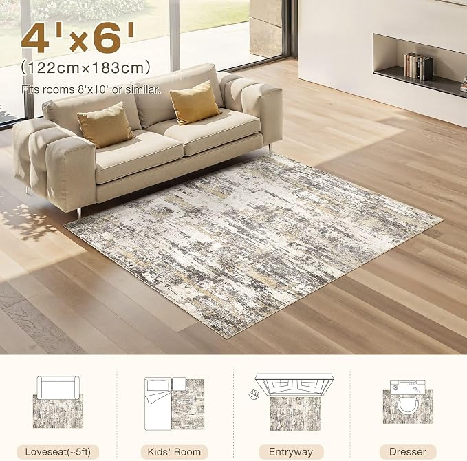 Area Rugs for Living Room: 4x6 Abstract Washable Rug Modern Neutral Large Soft Stain Resistant Non-Slip Backing Machine Table for Bedroom Dining Room Indoor Home Office Carpet - Gold Brown