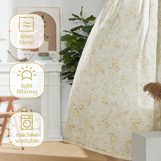 jinchan Floral Curtains 108 Inch Length Mustard Yellow Flower Linen Farmhouse Curtain for Living Room French Country Vintage Curtain Rod Pocket Curtains Set 2 Panels Floral Printed