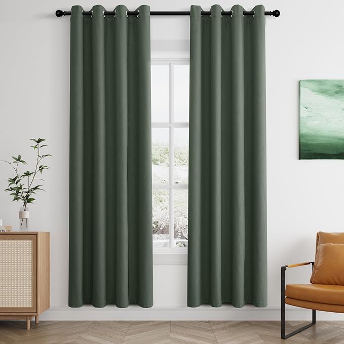 Jowels Olive Green Linen Blackout Curtains 72 Length 2 Panels Set for Living Room Bedroom, 100% Black Out Thermal Insulated Linen Drapes, Room Darkening Grommet Curtains 72 Inches Long
