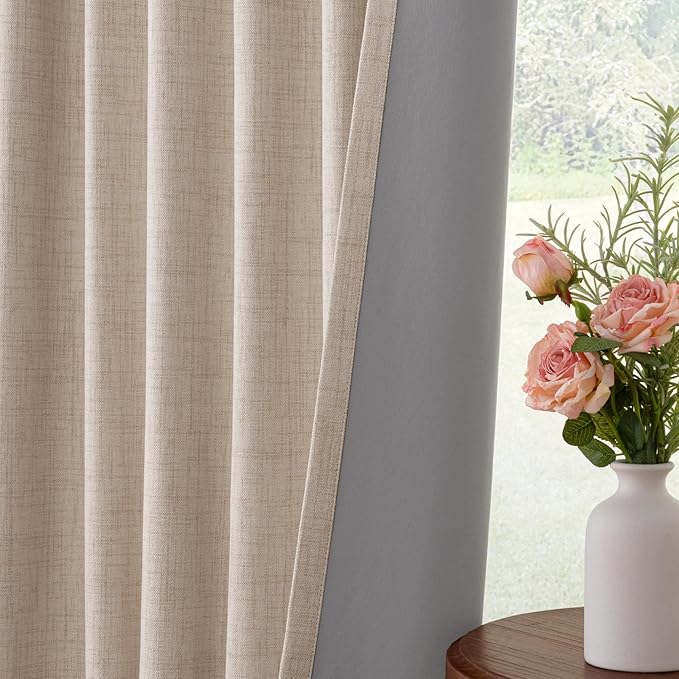 INOVADAY 100% Blackout Curtains for Bedroom, Black Out Curtains 102 Inch Long, Clip Rings Linen Blackout Drapes, Thermal Insulated Room Darkening for Living Room, 2 Panels - Oatmeal,W50xL102