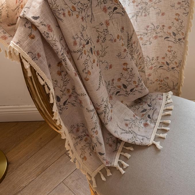 OYX Boho Floral Curtains 84 Inch, Farmhouse Wildflower Drapes with Tassels, Linen Textured Light Filtering Semi Sheer Curtains for Living Room Bedroom, 2 Panels, Rod Pocket, 52Wx84L